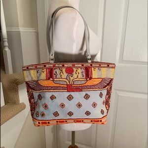 Amazing beaded detail, light blue suede bag